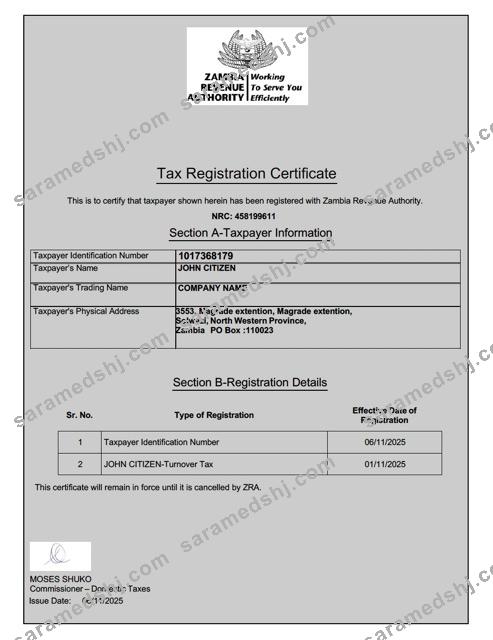 Zambia tax registration certificate Word and PDF template